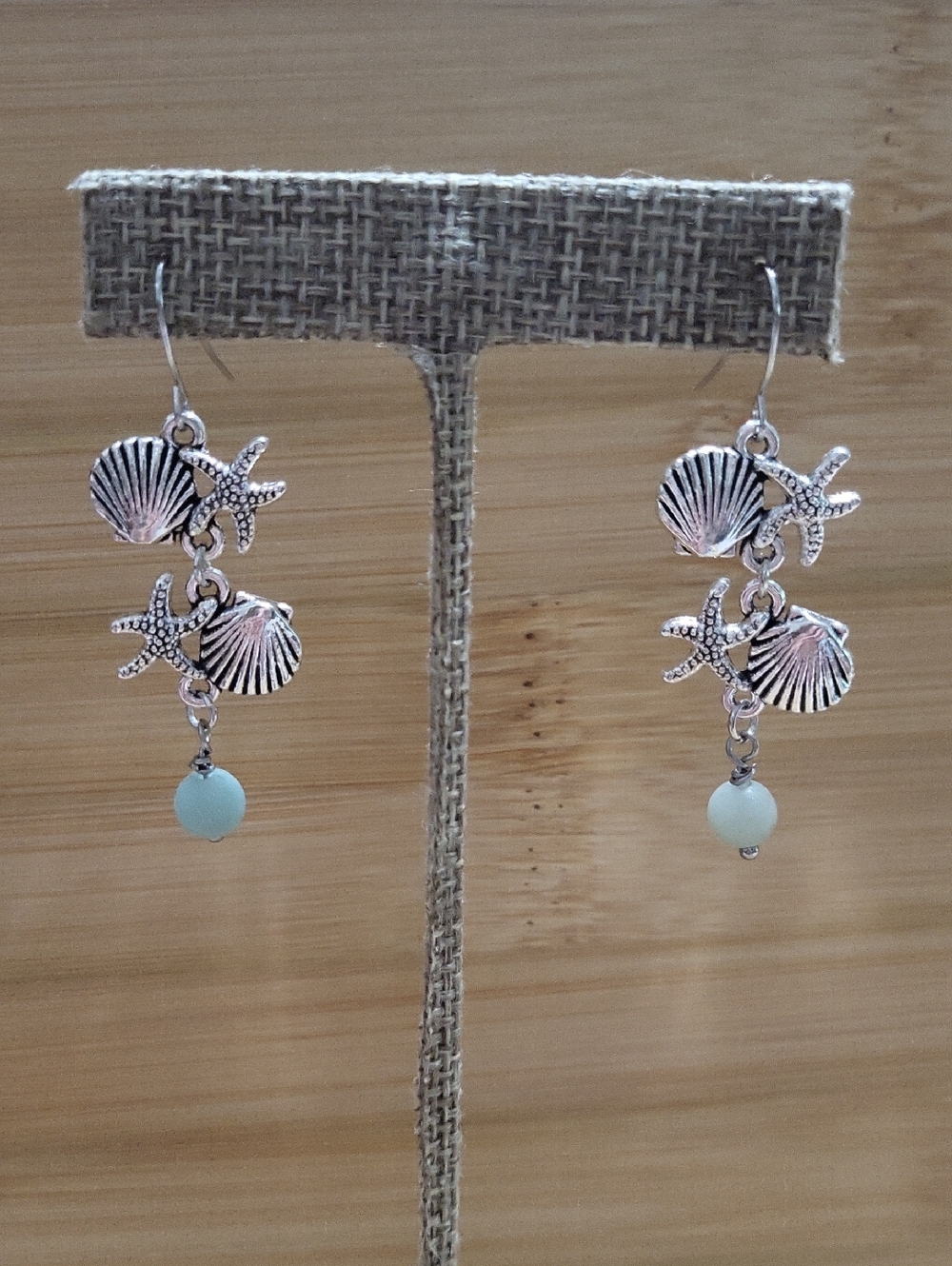 Antique Seashell & Starfish Drop Earrings with Amazonite Bead